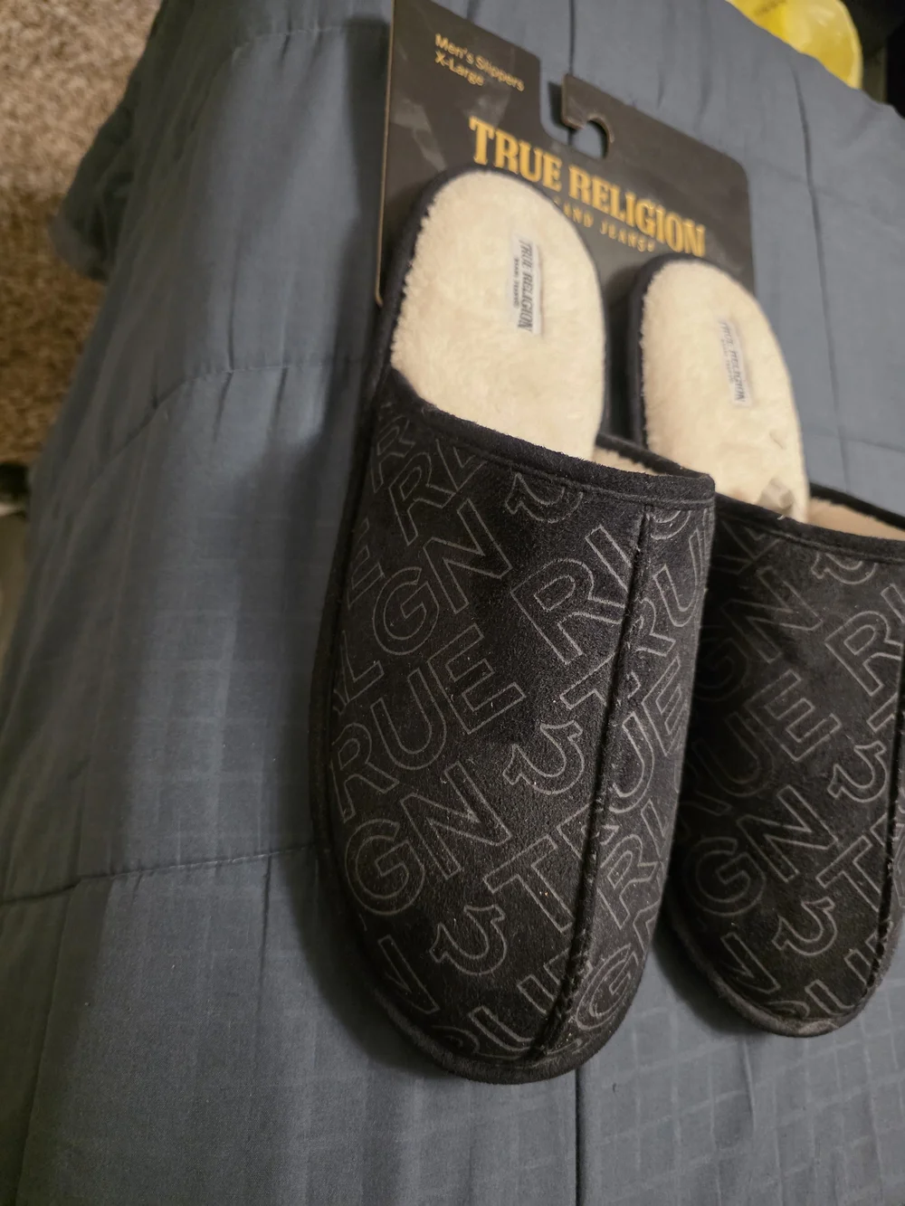 True Religion Black Logo-Print Plush Slip-Ons